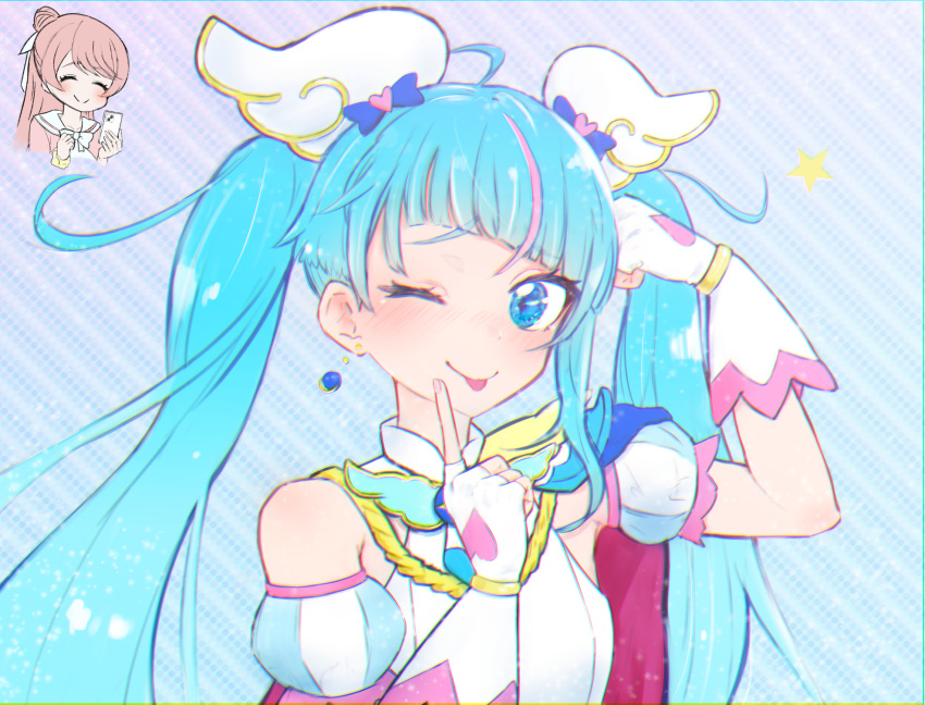 2girls, ;p, blue_cape, blue_eyes, brooch, cape, casual, cellphone, closed_eyes, closed_mouth, commentary, cure_sky, cut_bangs, detached_sleeves, dolbydig, dress, earrings, hair_bun, hair_ornament, hand_on_own_head, highres, hirogaru_sky!_precure, holding, holding_phone, index_finger_raised, jewelry, kawaikute_gomen_(honeyworks), long_hair, looking_at_viewer, magical_girl, multicolored_hair, multiple_girls, nijigaoka_mashiro, one_eye_closed, phone, pink_dress, pink_hair, precure, puffy_detached_sleeves, puffy_sleeves, red_cape, sailor_collar, scrunchie, single_hair_bun, single_sidelock, sleeveless, sleeveless_dress, smartphone, smile, solo_focus, sora_harewataru, streaked_hair, tongue, tongue_out, twintails, two-sided_cape, two-sided_fabric, two-tone_hair, upper_body, very_long_hair, white_dress, white_sailor_collar, wing_brooch, wing_hair_ornament, wrist_scrunchie
