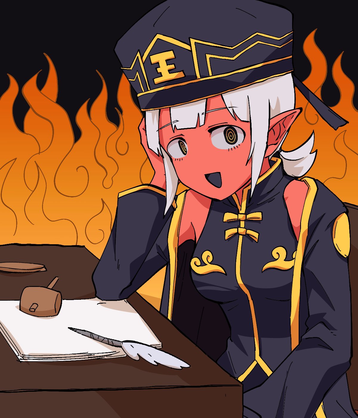 1girl, 2-daime_enma_(synthesizer_v), black_eyes, black_hat, black_jacket, black_shirt, breasts, colored_skin