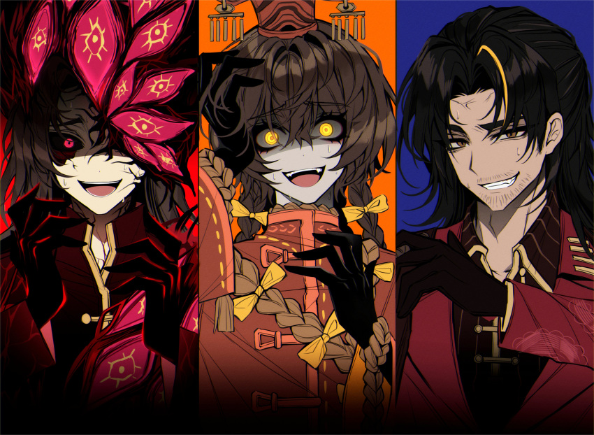 3boys, :d, absurdres, beard_stubble, black_gloves, black_hair, black_sclera, blue_background