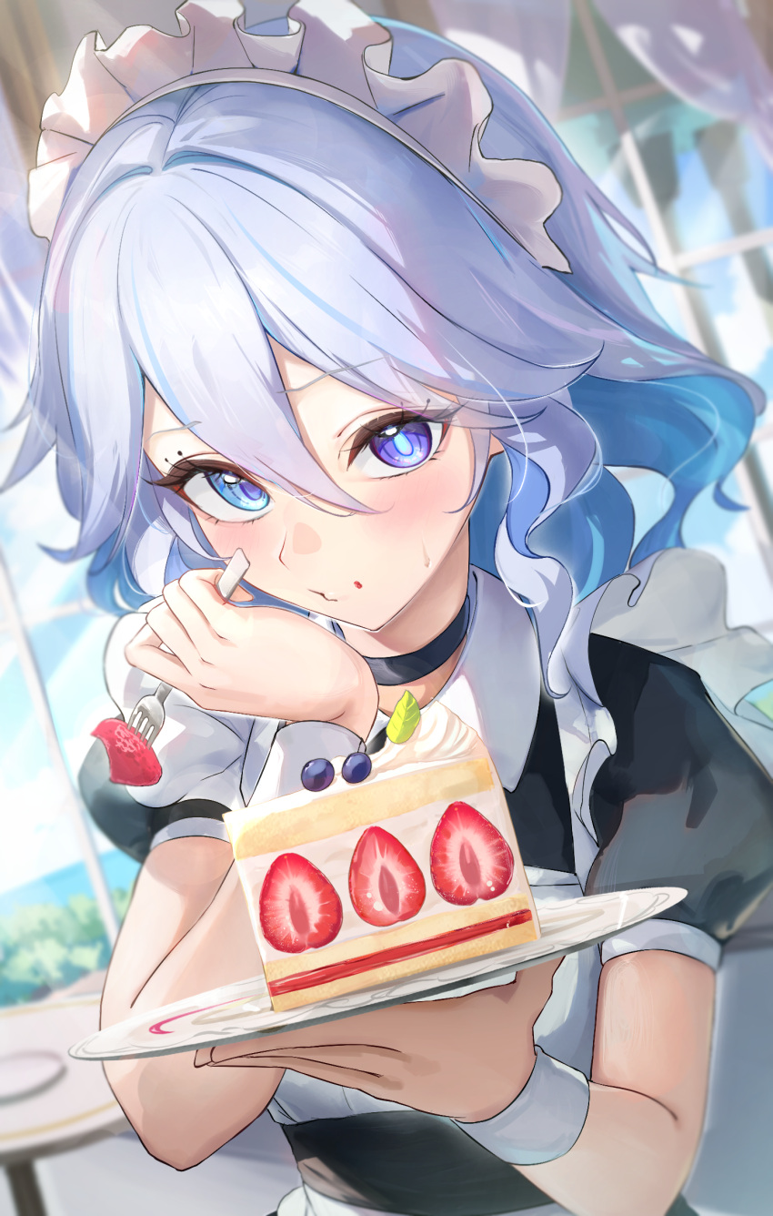 1girl, alternate_costume, black_choker, black_dress, blue_eyes, blue_hair, blue_pupils, cake