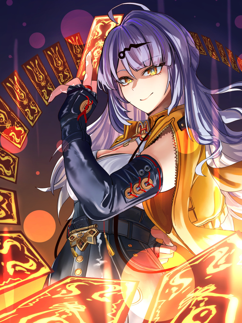 1girl, absurdres, ahoge, black_shorts, breasts, cowboy_shot, elbow_gloves, fingerless_gloves