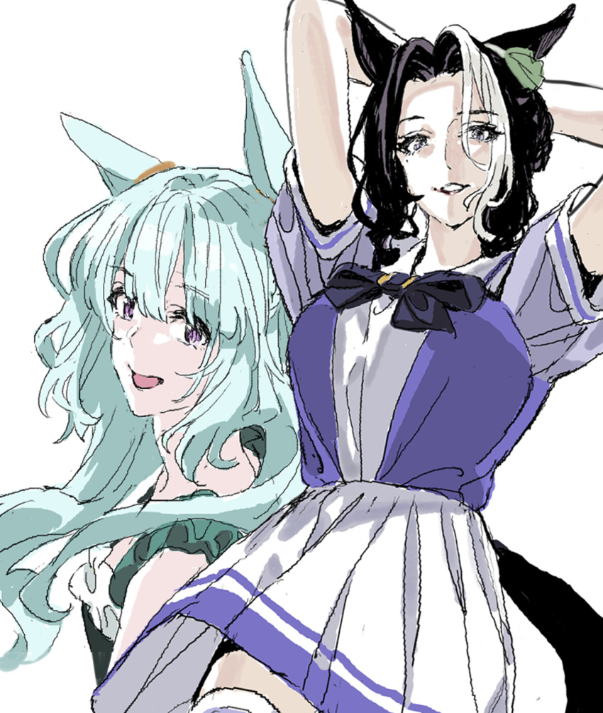 animal_ears, black_hair, green_hair, highres, horse_ears, horse_tail, looking_at_viewer, mejiro_ardan_(umamusume), mejiro_ramonu_(umamusume), mole, mole_under_eye, nobita_(makoto7060355), school_uniform, simple_background, smile, spiky_hair, tail, umamusume, violet_eyes, white_background