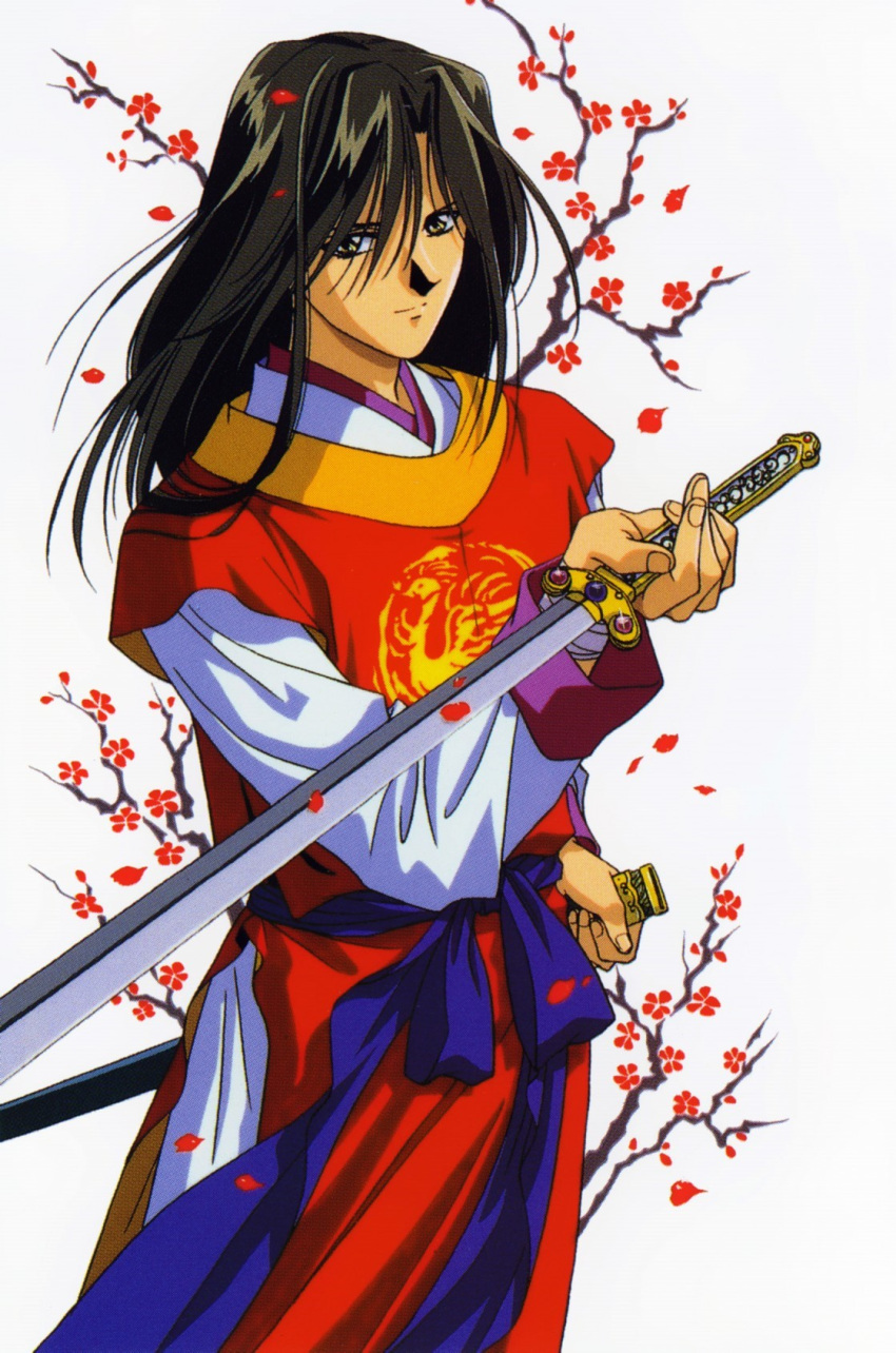 1990s_(style), brown_hair, chinese_clothes, drawing_sword, flower, fushigi_yuugi, hair_between_eyes, hanfu