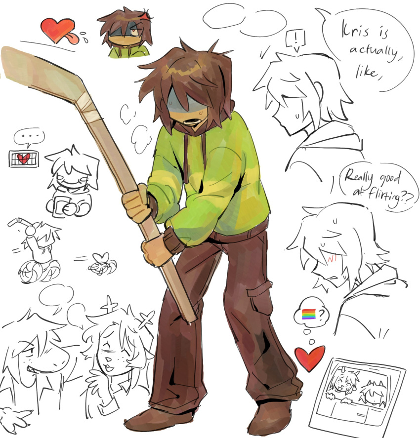 !, ..., 1other, 2girls, anger_vein, antlers, black_hood, black_pants, brown_hair, brown_shoes, cage, commentary, deer_antlers, deer_girl, deltarune, english_commentary, english_text, goomyloid, green_sweater, heart, highres, holding_hockey_stick, horns, kris_(deltarune), monster_girl, multiple_girls, noelle_holiday, open_mouth, pants, photo_(object), rainbow_flag, shoes, short_hair, soul_(deltarune), speech_bubble, spoken_ellipsis, spoken_exclamation_mark, susie_(deltarune), sweater, thought_bubble, tongue, tongue_out