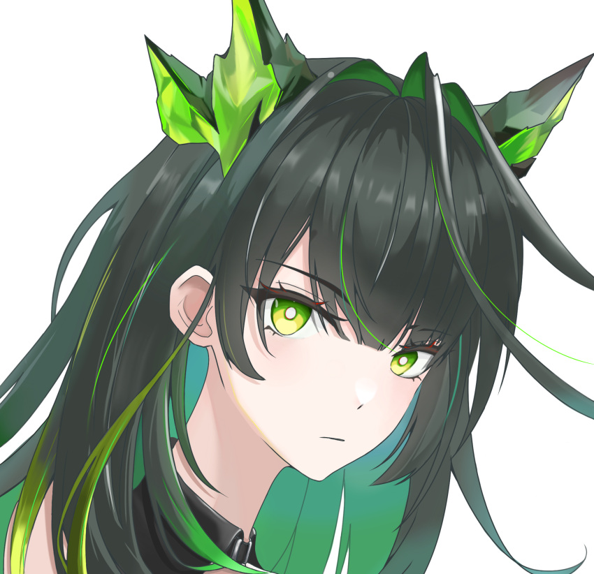 1girl, ahoge, arknights, black_hair, bright_pupils, chinese_commentary, closed_mouth, commentary_request, expressionless, green_eyes, green_hair, hair_intakes, highres, huge_ahoge, long_hair, looking_at_viewer, lu_su_ie, mon3tr_(arknights), multicolored_hair, portrait, simple_background, solo, two-tone_hair, white_background, white_pupils