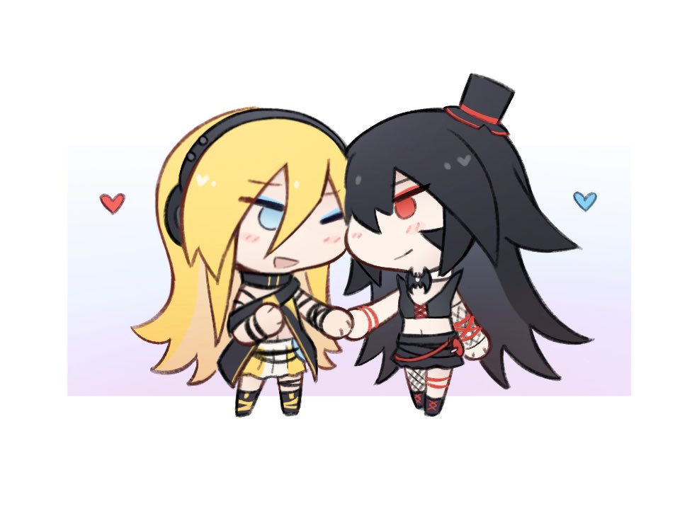 2girls, black_hair, black_skirt, blonde_hair, blue_eyes, chibi, flapper_shirt, headset