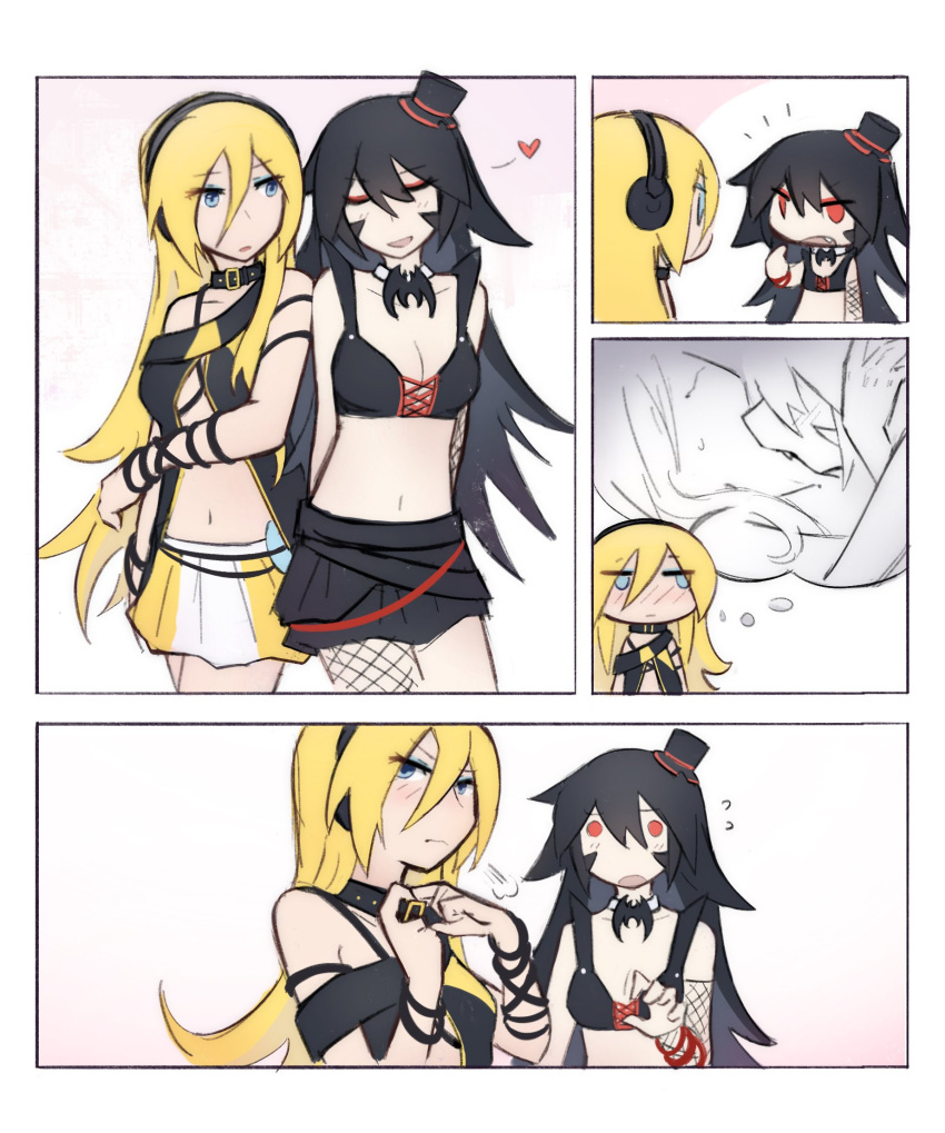 biting, biting_neck, black_hair, black_skirt, blonde_hair, blue_eyes, choker, fang