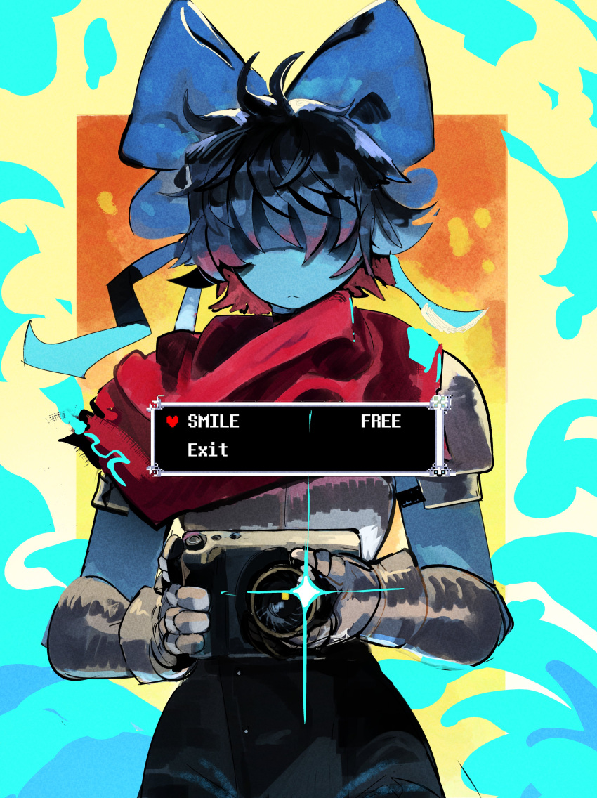 1other, absurdres, androgynous, armor, blue_bow, blue_hair, blue_skin, bow, camera, colored_skin, commentary, cowboy_shot, deltarune, english_commentary, hair_bow, hair_over_eyes, heart, highres, holding, holding_camera, kris_(dark_world)_(deltarune), kris_(deltarune), large_bow, luny, other_focus, red_scarf, scarf, short_hair, shoulder_armor, solo