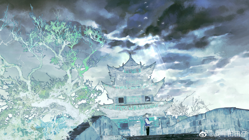 1boy, absurdres, aqiu4682, black_pants, blue_theme, blue_vest, bonsai, bridge