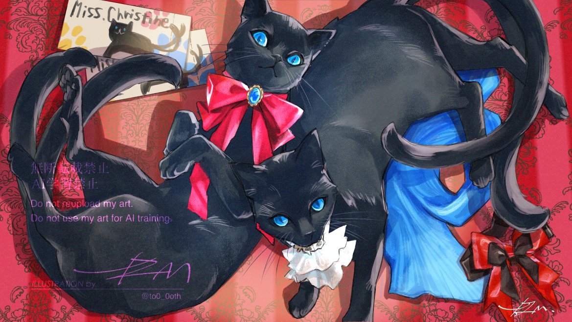2girls, animal, arknights, ascot, black_cat, blue_eyes, bow, brooch