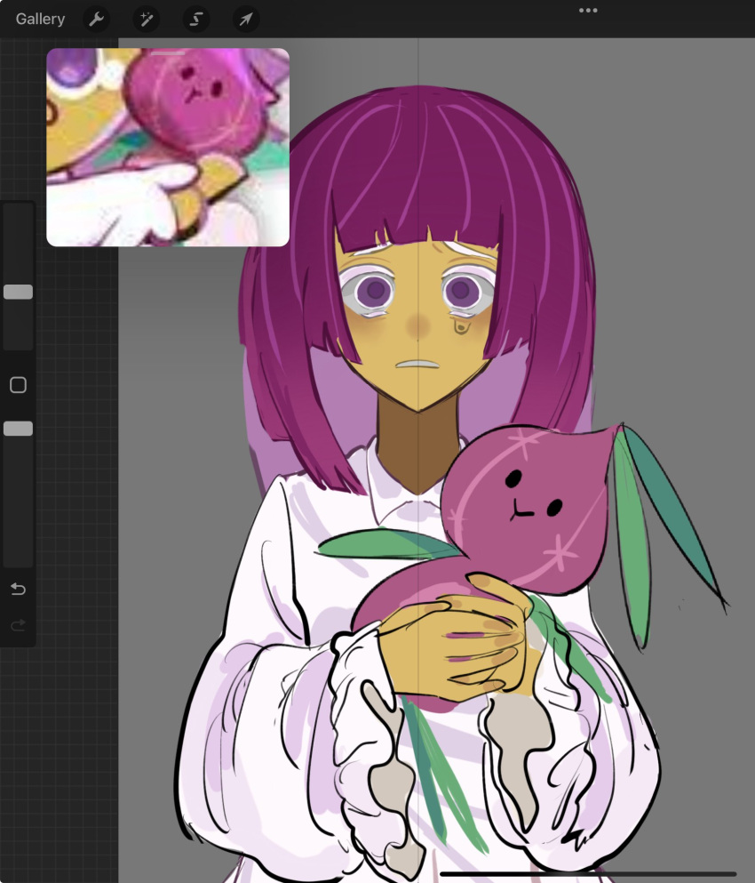 1girl, blunt_bangs, cookie_run, crying, crying_with_eyes_open, dress, highres, holding