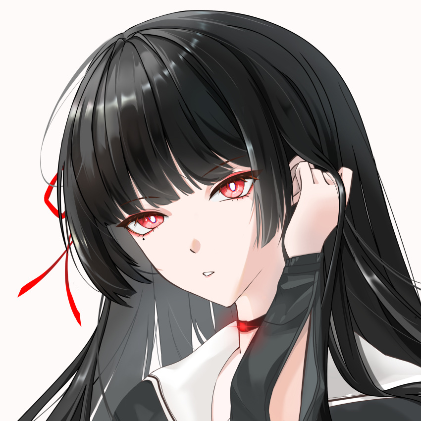 1girl, absurdres, black_choker, black_hair, black_shirt, bright_pupils, chisa_(wuthering_waves), choker