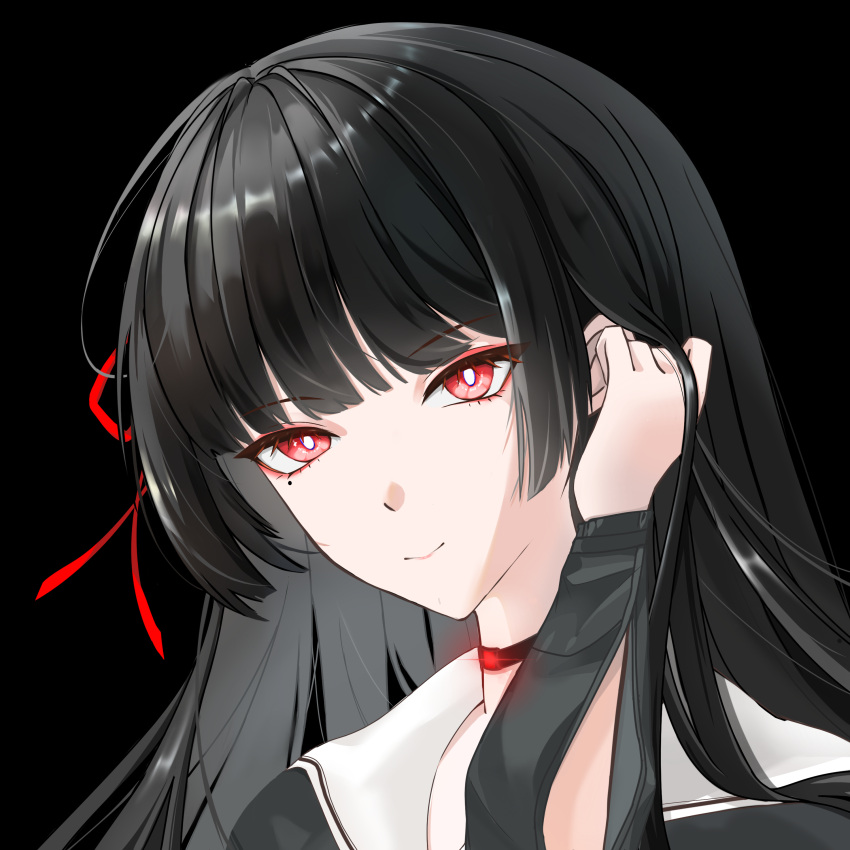 1girl, absurdres, black_background, black_choker, black_hair, black_shirt, bright_pupils, chisa_(wuthering_waves)