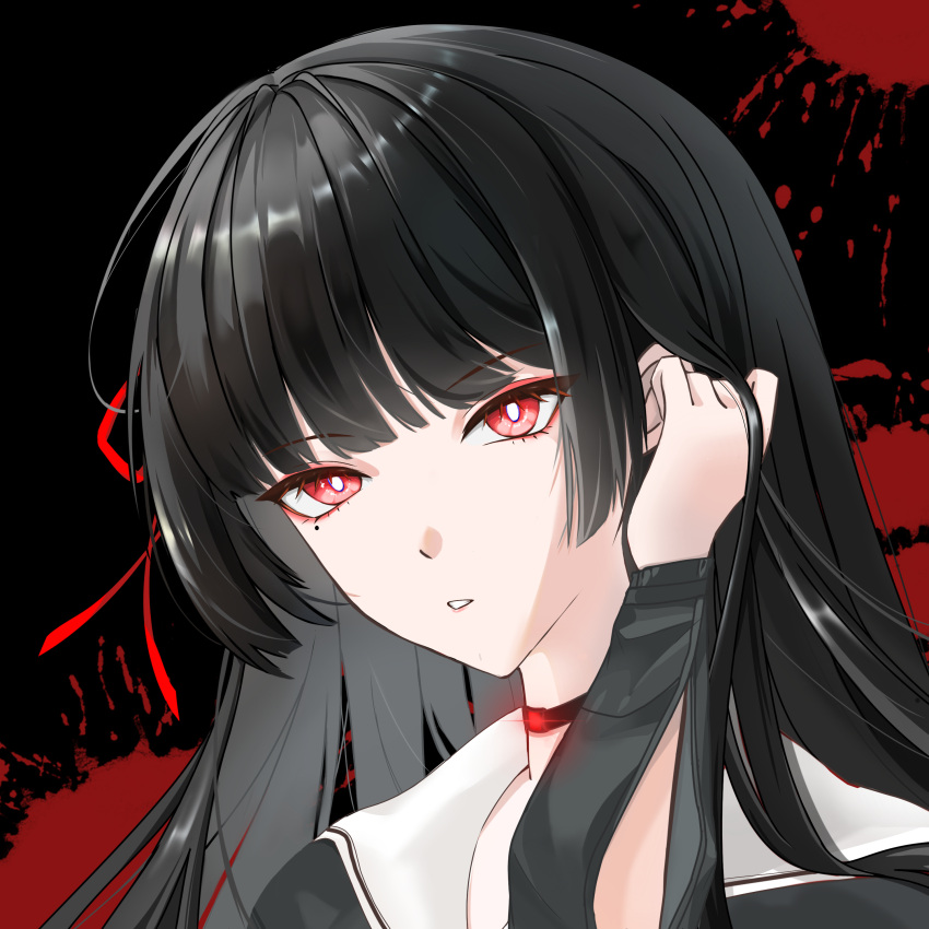 1girl, absurdres, black_background, black_choker, black_hair, black_shirt, blood, bright_pupils