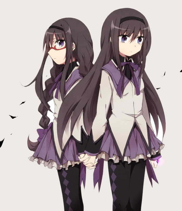 akemi_homura, alternate_hairstyle, braid, dual_persona, fujisaki_(hjsk), glasses, mahou_shoujo_madoka_magica, multiple_girls