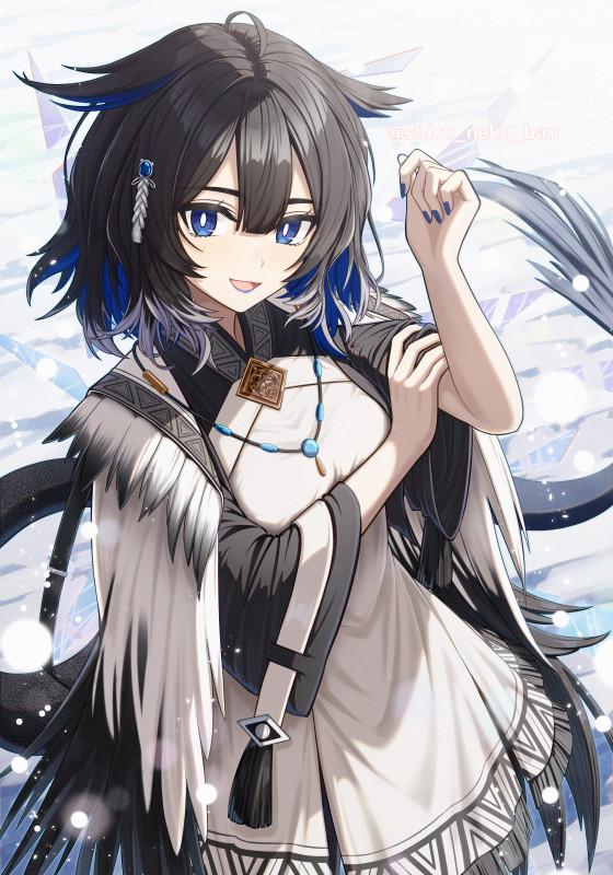 1girl, arknights, black_hair, blue_eyes, blue_hair, blue_nails, bright_pupils, colored_inner_hair