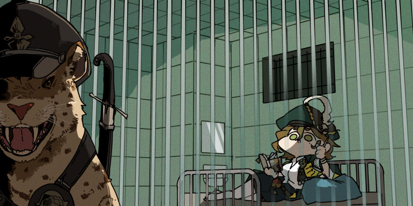 1girl, bars, black_shorts, brown_hair, chibi, fangs, green_eyes, green_hat, hat, hat_feather, holding, holding_notebook, holding_quill, in_cell, indoors, iron_bars, jaguar, jailer_(reverse:1999), looking_at_viewer, lying, mirror, mole, mole_under_eye, newsboy_cap, notebook, on_back, on_side, open_mouth, pantyhose, peaked_cap, pillow, prison, prison_cell, quill, recoleta_(reverse:1999), reverse:1999, saber_(weapon), shirt, shorts, sink, solo, sword, tile_wall, tiles, weapon, white_pantyhose, white_shirt, window, ziyunshanding