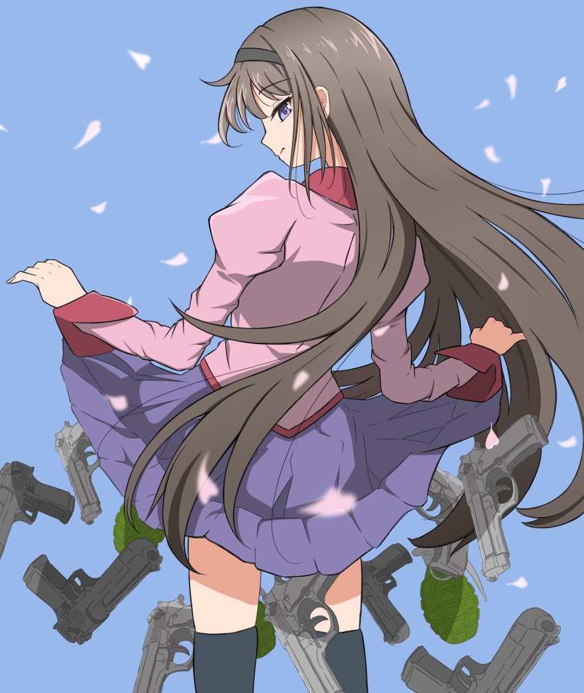 1girl, akemi_homura, bakemonogatari, black_hairband, black_thighhighs, blue_background, brown_hair, clothes_lift