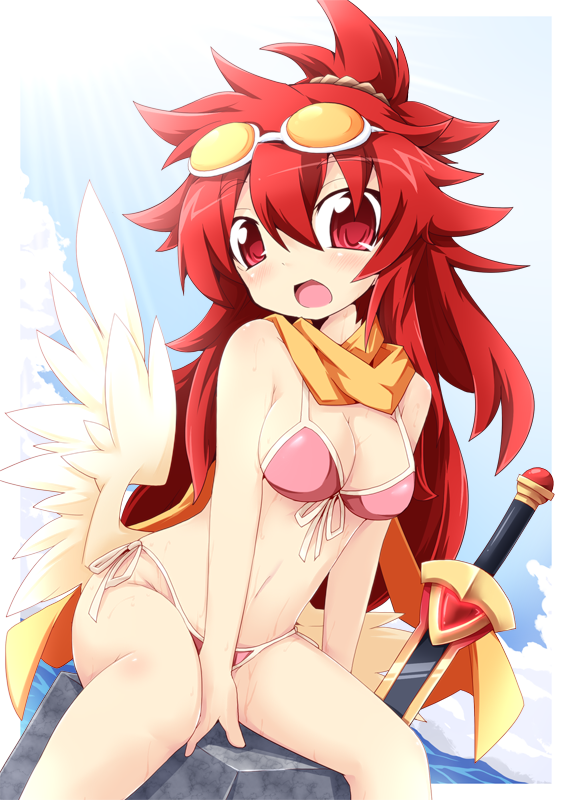 blush, breasts, cleavage, front-tie_top, open_mouth, pink_bikini, red_eyes, red_hair