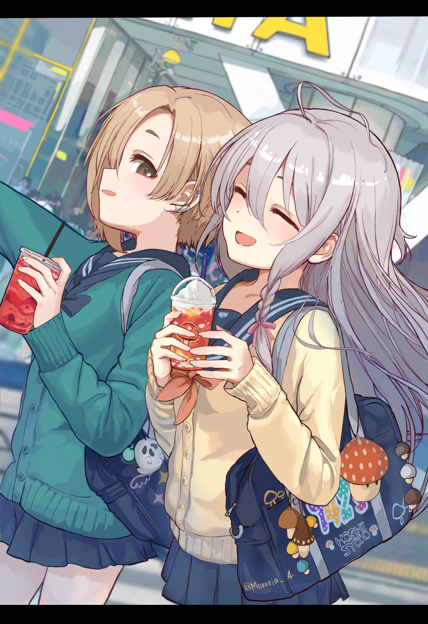 2girls, absurdres, ahoge, bag, black_sailor_collar, black_skirt, blue_bow, blue_bowtie