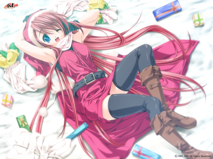 ;d, blue_eyes, boots, cape, christmas, crossdressinging, gift, hat, kisaragi_shuuji, knee_boots, koisuru_otome_to_shugo_no_tate, long_hair, lying, open_mouth, red_hair, redhead, santa_costume, santa_hat, senomoto_hisashi, smile, thigh-highs, thighhighs, trap, very_long_hair, wallpaper, wink, yamada_taeko