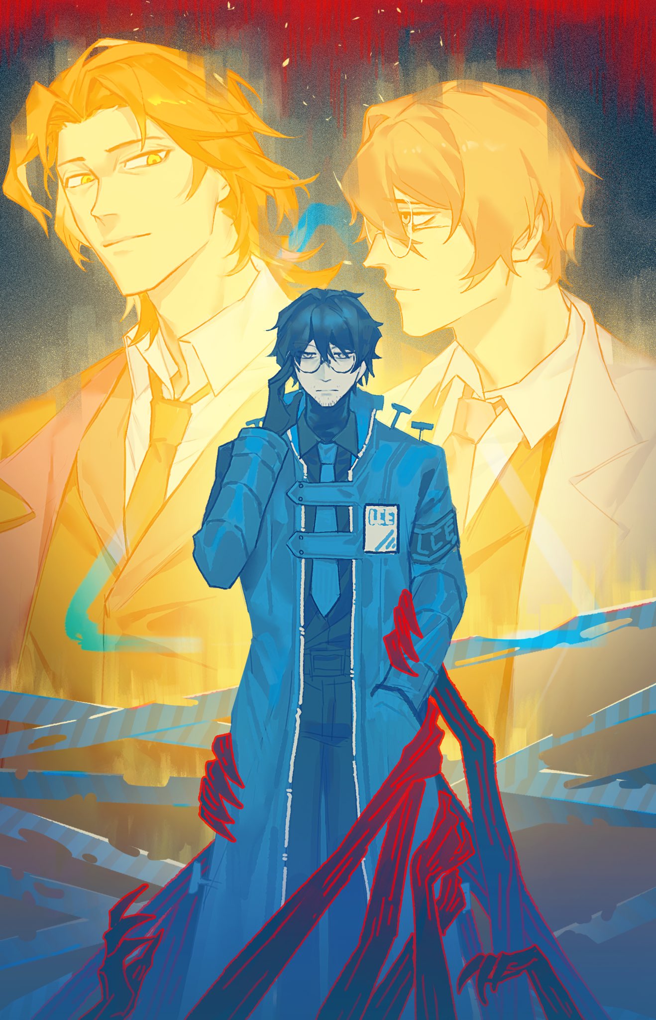 2boys, adjusting_eyewear, armband, blonde_hair, blue_armband, blue_gloves, blue_hair, blue_necktie