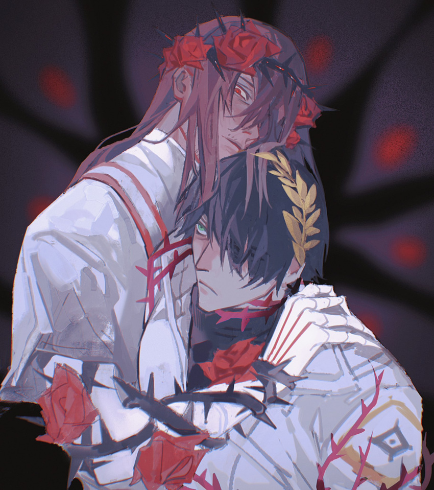 2boys, black_hair, brambles, brown_hair, coat, crown_of_thorns, eye_print, facial_hair