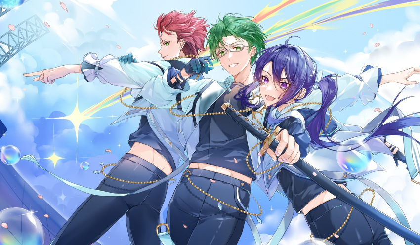 3boys, :d, ahoge, akatsuki_(ensemble_stars!), arched_back, black_gloves, black_pants, black_shirt, blue_sky, bubble, chain, closed_mouth, clouds, cowboy_shot, curtained_hair, double-parted_bangs, earrings, ensemble_stars!, falling_petals, floating_hair, foreshortening, frilled_sleeves, frills, glasses, gloves, gold_chain, green_eyes, green_hair, grey-framed_eyewear, grin, hair_between_eyes, hair_intakes, hasumi_keito, highres, holding, holding_sword, holding_weapon, idol, jacket, jewelry, kanzaki_souma, katana, kiryu_kuro, long_hair, looking_at_viewer, male_focus, midriff_peek, motoyui, multiple_boys, multiple_earrings, nancy980216, official_alternate_costume, outstretched_arm, pants, parted_bangs, petals, pointing, ponytail, profile, purple_hair, reaching, reaching_towards_viewer, red_hair, sheath, sheathed, shirt, shooting_star, short_hair, sidelocks, sky, smile, sparkle, spiky_hair, stage, sword, three-quarter_sleeves, tight_clothes, tight_pants, v-shaped_eyebrows, violet_eyes, weapon, white_jacket