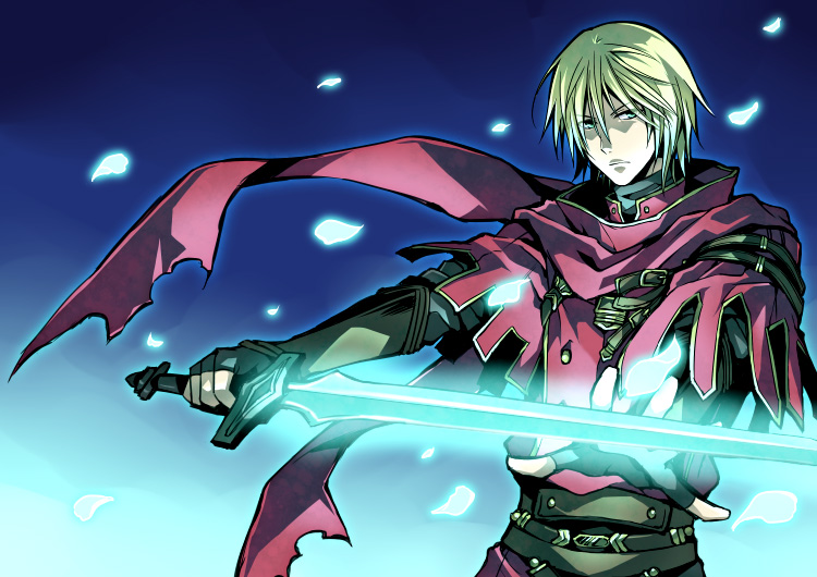 belt, blonde_hair, fingerless_gloves, gloves, glowing, green_eyes, makoto_(truechild), radiant_historia