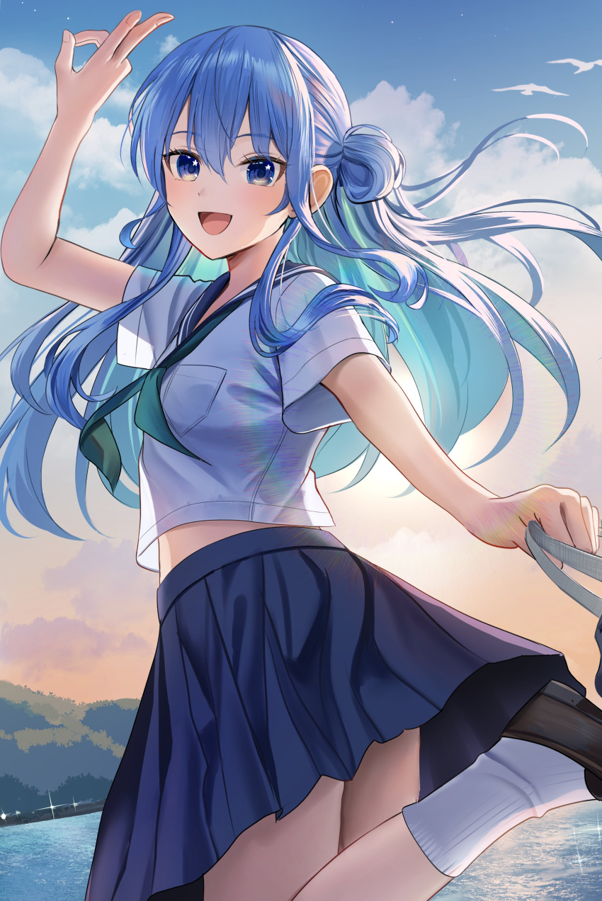 1girl, :d, absurdres, arm_up, black_shoes, blue_eyes, blue_hair, blue_sailor_collar