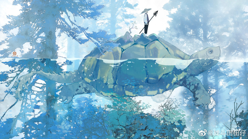 1boy, absurdres, air_bubble, animal, aqiu4682, artist_name, black_pants, blue_theme