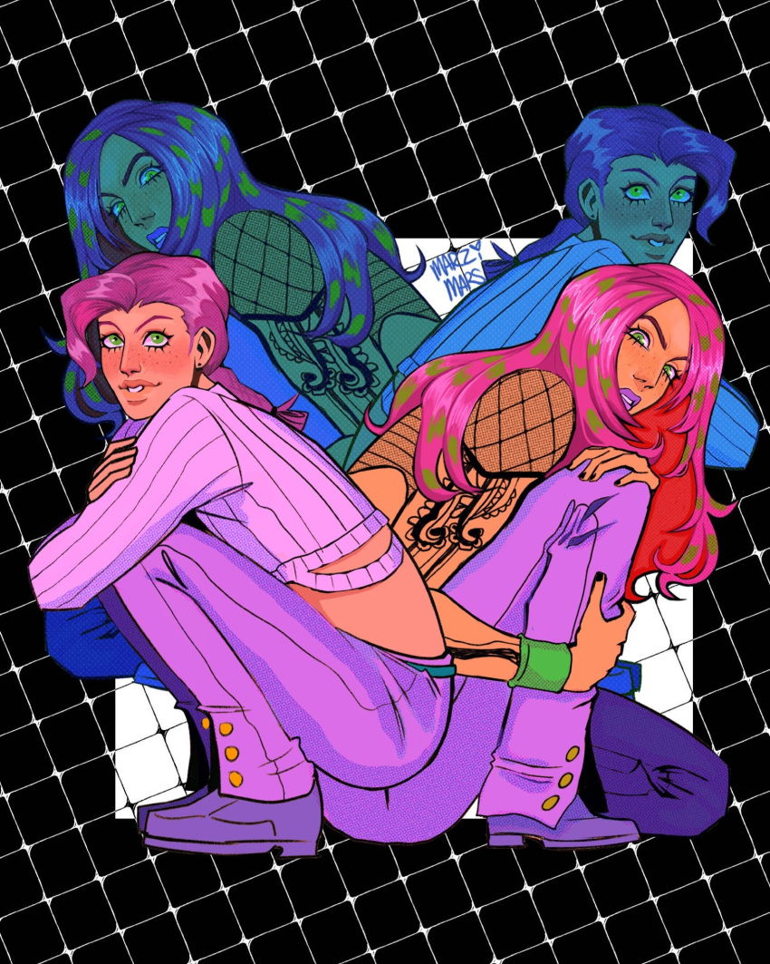 2boys, blush, crop_top, diavolo, fishnet_top, fishnets, freckles, green_eyes, highres, jojo_no_kimyou_na_bouken, lips, lipstick, long_hair, long_sleeves, makeup, male_focus, marzimars, midriff, multiple_boys, nose, pants, parted_lips, pink_hair, purple_lips, purple_pants, purple_sweater, ribbed_sweater, smile, spotted_hair, sweater, vento_aureo, vinegar_doppio, wristband