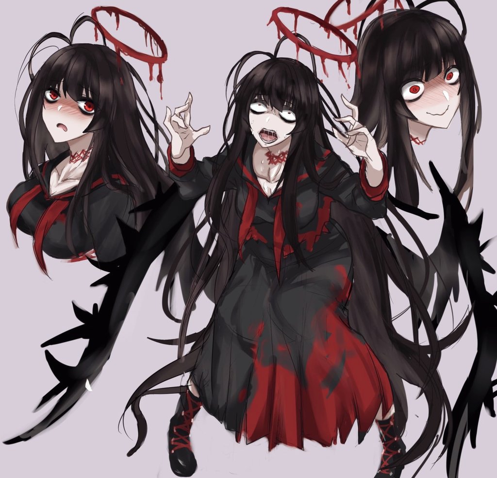 1girl, antenna_hair, black_hair, black_serafuku, black_skirt, blood, blood_halo, blood_on_clothes