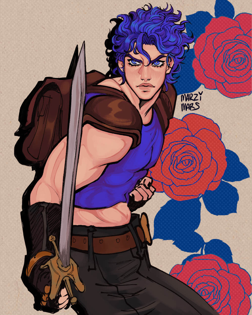 1boy, armor, backpack, bag, belt, blue_eyes, blue_hair, clip_studio_paint_(medium), crop_top, eyelashes, fingerless_gloves, flower, frown, gloves, highres, holding, holding_sword, holding_weapon, jojo_no_kimyou_na_bouken, jonathan_joestar, lips, male_focus, marzimars, muscular, muscular_male, nose, pale_skin, pants, pauldrons, phantom_blood, red_flower, red_rose, rose, shirt, short_hair, shoulder_armor, solo, sword, weapon