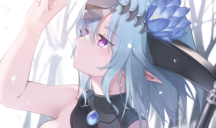 1girl, absurdres, blue_hair, close-up, eyes_visible_through_hair, filene_(shadowverse), flower, hair_flower