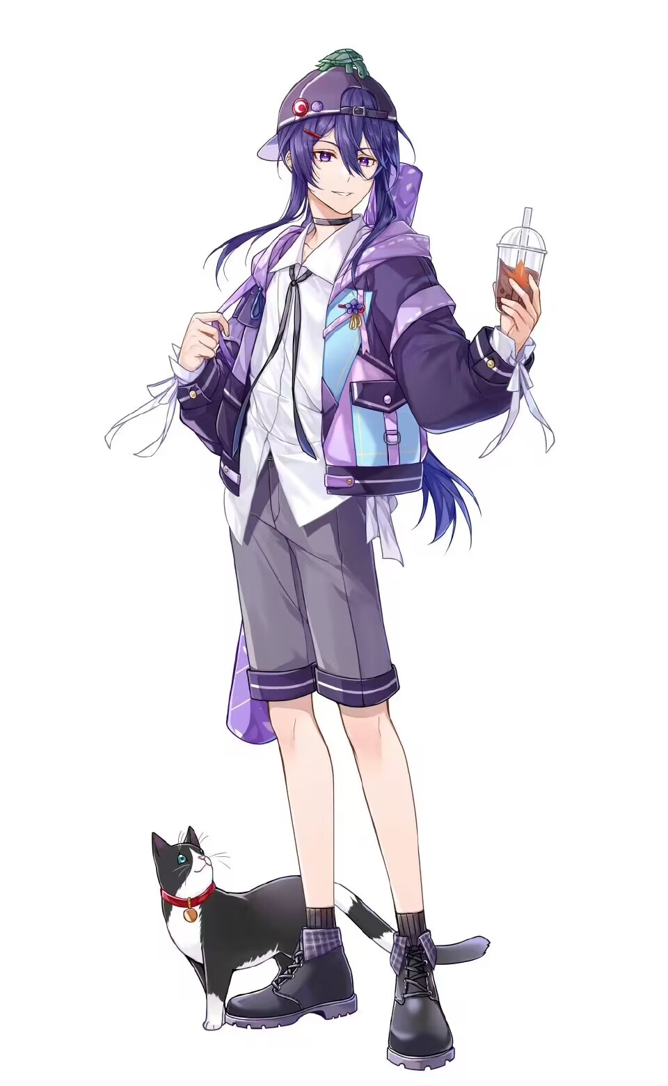 1boy, alternate_costume, animal_on_head, ankle_boots, ankle_socks, arm_strap, backwards_hat, badge, bangs_pinned_back, baseball_cap, bellflower, black_cat, black_choker, black_ribbon, black_shoes, black_socks, boots, bubble_tea, button_badge, casual, cat, chinese_bellflower, choker, collar, collarbone, cup, disposable_cup, double-parted_bangs, drinking_straw, ensemble_stars!, flower, flower_pin, full_body, grey_shorts, grin, hair_between_eyes, hair_ornament, hairclip, hat, highres, holding, holding_cup, holding_strap, hood, hoodie, jacket, kamegorou, kanzaki_souma, lace-up_boots, long_hair, long_sleeves, looking_at_viewer, male_focus, nancy980216, neck_ribbon, on_head, plaid_shoes, pocket, ponytail, purple_hair, purple_hoodie, purple_jacket, red_collar, ribbon, shirt, shoes, shorts, sidelocks, simple_background, sleeve_ribbon, smile, socks, solo, techwear, turtle, untucked_shirt, very_long_hair, violet_eyes, weapon_bag, white_background, white_shirt