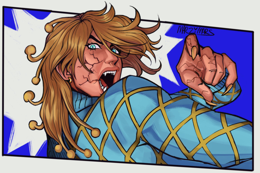 1boy, aqua_eyes, blonde_hair, clip_studio_paint_(medium), cracked_skin, diego_brando, eyelashes, fangs