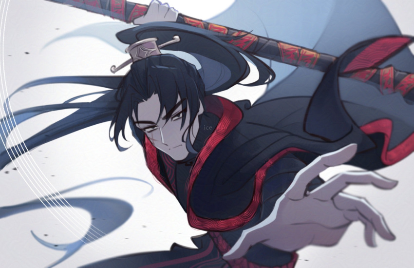 1boy, art_ice, atmospheric_perspective, black_eyes, black_hair, black_hanfu, blurry, blurry_background