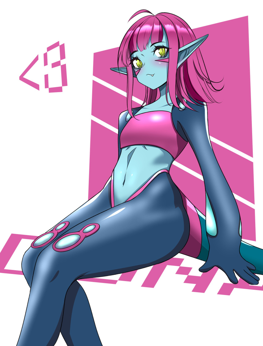 1girl, absurdres, blue_skin, blush, colored_skin, duna_(fossil_fighters), fossil_fighters, green_eyes