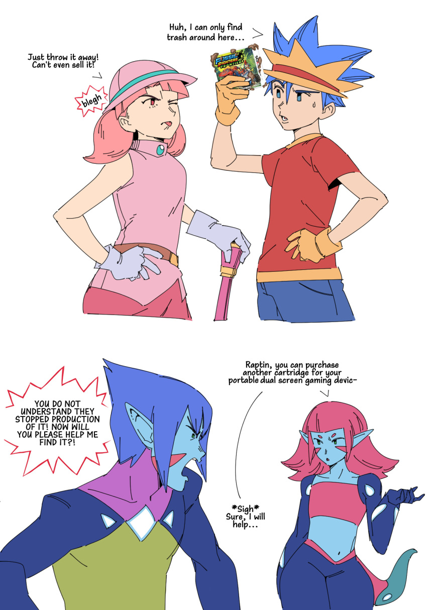 2boys, 2girls, absurdres, belt, blue_hair, blue_pants, blue_skin, brown_belt