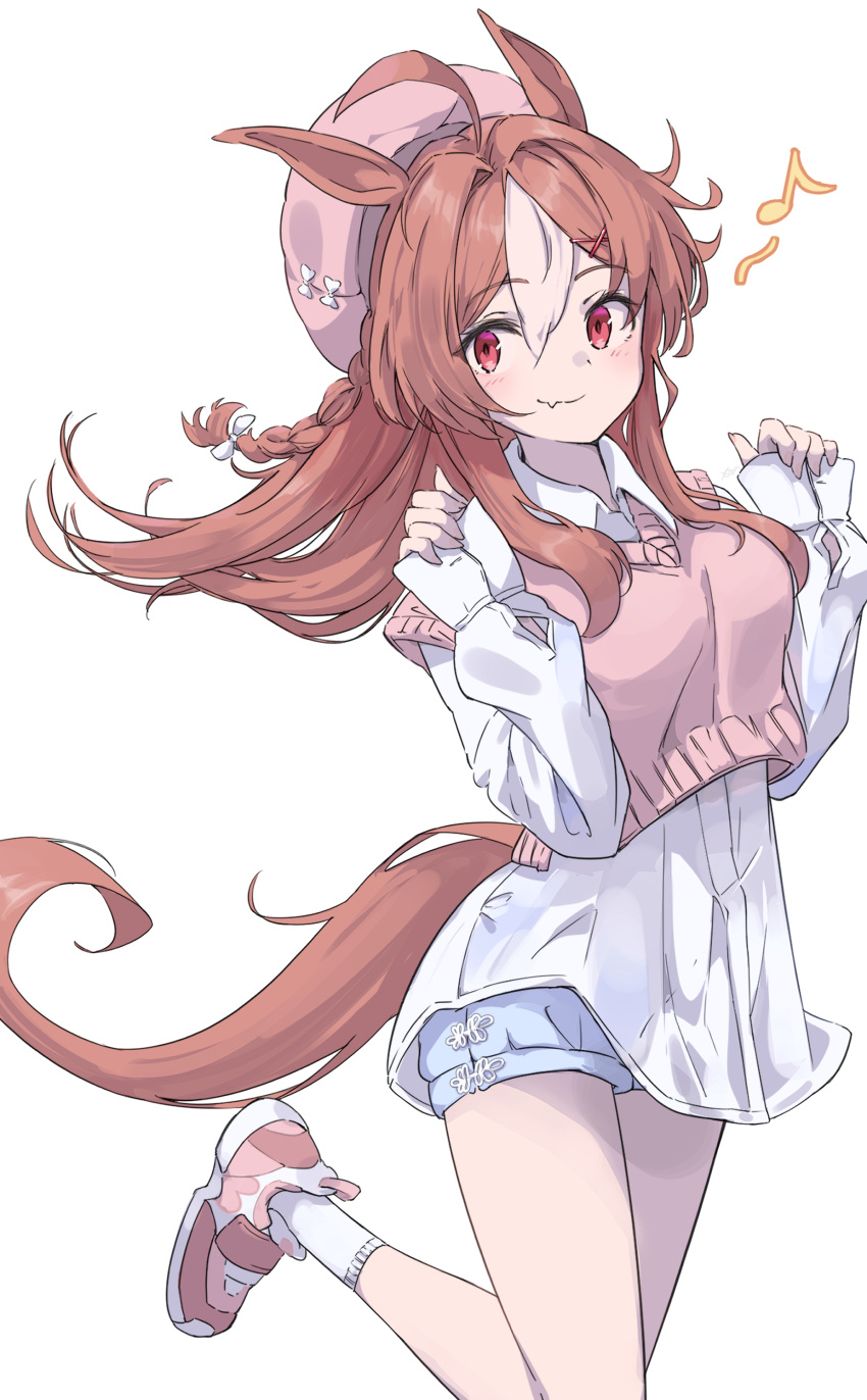 1girl, absurdres, ahoge, animal_ears, beret, blue_shorts, blush, braid, brown_hair, collared_shirt, commentary, copano_rickey_(umamusume), cropped_sweater_vest, fang, hair_intakes, hat, highres, horse_ears, horse_girl, horse_tail, multicolored_hair, musical_note, nazmocha, pink_sweater_vest, red_eyes, shirt, shoes, shorts, simple_background, skin_fang, smile, sneakers, socks, solo, spoken_musical_note, streaked_hair, sweater_vest, tail, umamusume, white_background, white_hair, white_shirt