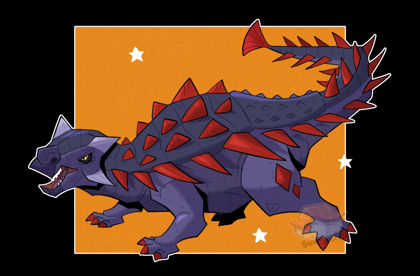 absurdres, black_sclera, colored_sclera, fossil_fighters, goyle, highres, horns, no_humans, snek_snack, solo, spikes, vivosaur, yellow_eyes