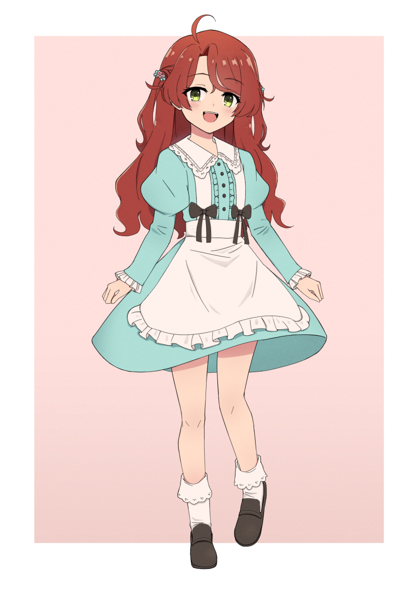 1girl, ahoge, apron, black_ribbon, blue_dress, blush, christina_greyrat, commission, dress, flat_chest, full_body, hair_ornament, highres, long_hair, looking_at_viewer, mushoku_tensei, open_mouth, pixiv_commission, red_hair, ribbon, smile, solo, standing, standing_on_one_leg, teeth, tialimko, upper_teeth_only, waist_apron