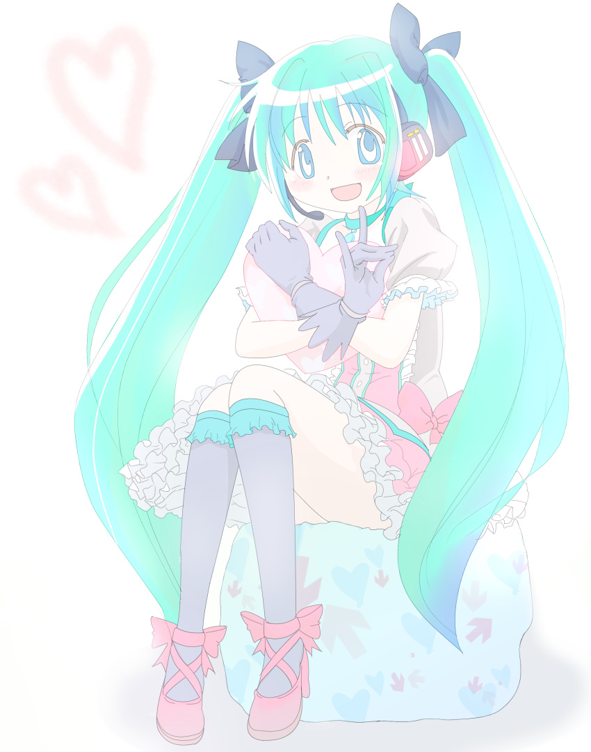 \m/, absurdres, anzu_(1014105), aqua_eyes, aqua_hair, bad_id, bow, cosplay, crossover, green_eyes, green_hair, hair_bow, hatsune_miku, headset, headswet, heart, highres, kaname_madoka, kaname_madoka_(cosplay), kneehighs, long_hair, magical_girl, mahou_shoujo_madoka_magica, parody, shoes, sitting, solo, style_parody, twintails, vocaloid
