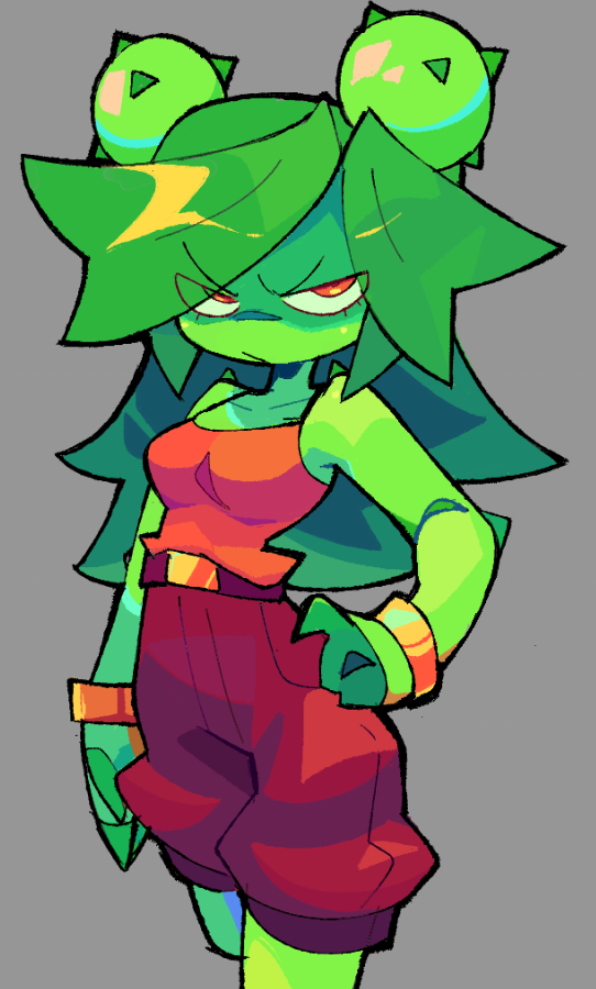 1girl, 2022, bacun, belt, breasts, cactus_girl, claws, colored_skin, green_hair, grey_background, hand_on_own_hip, long_hair, lower_eyelashes_only, monster_girl, non-web_source, orange_eyes, original, parted_bangs, plant_girl, rebutia_(bacun), shorts, solo, tank_top, thorns