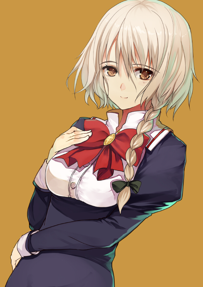 braid, brown_eyes, dress, face, grey_hair, hair_bow, kamichika_kaori, light_smile, long_hair, long_sleeves, otome_wa_boku_ni_koishiteru, otome_wa_boku_ni_koishiteru_futari_no_elder, school_uniform, shirabi_(life-is-free), solo