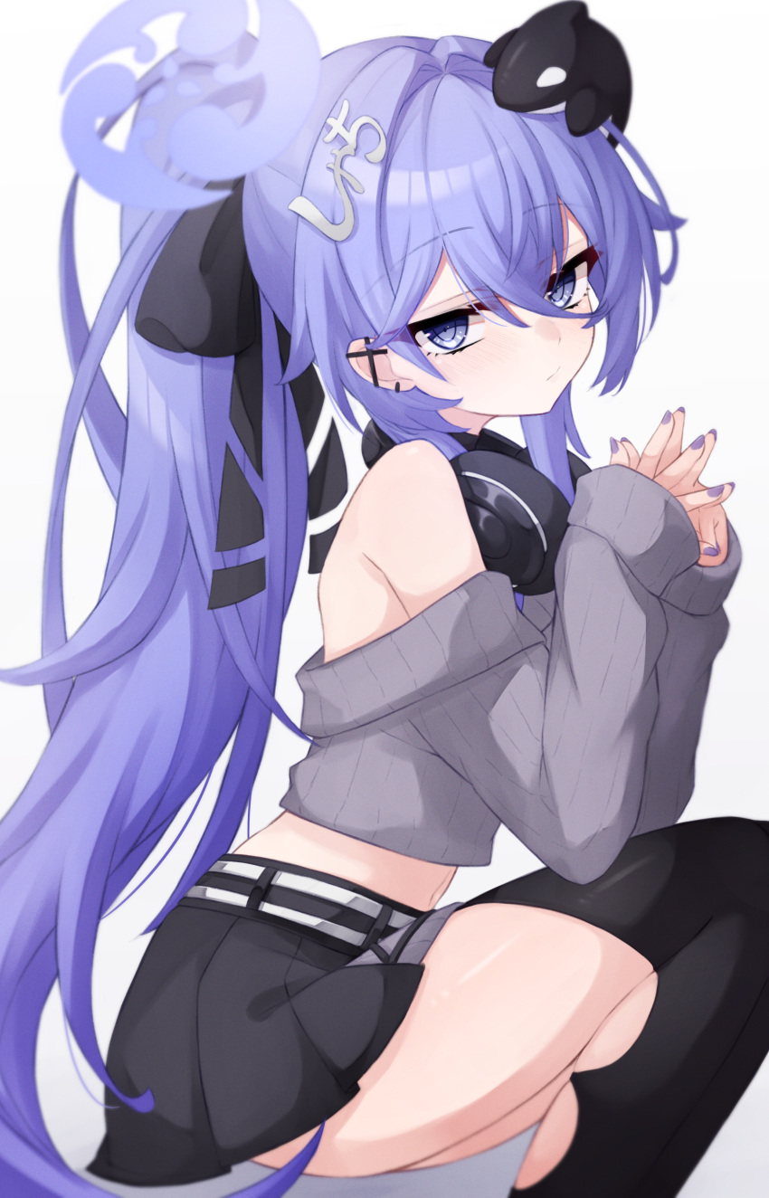 1girl, absurdres, ayanue, black_ribbon, black_skirt, black_thighhighs, closed_mouth, earrings