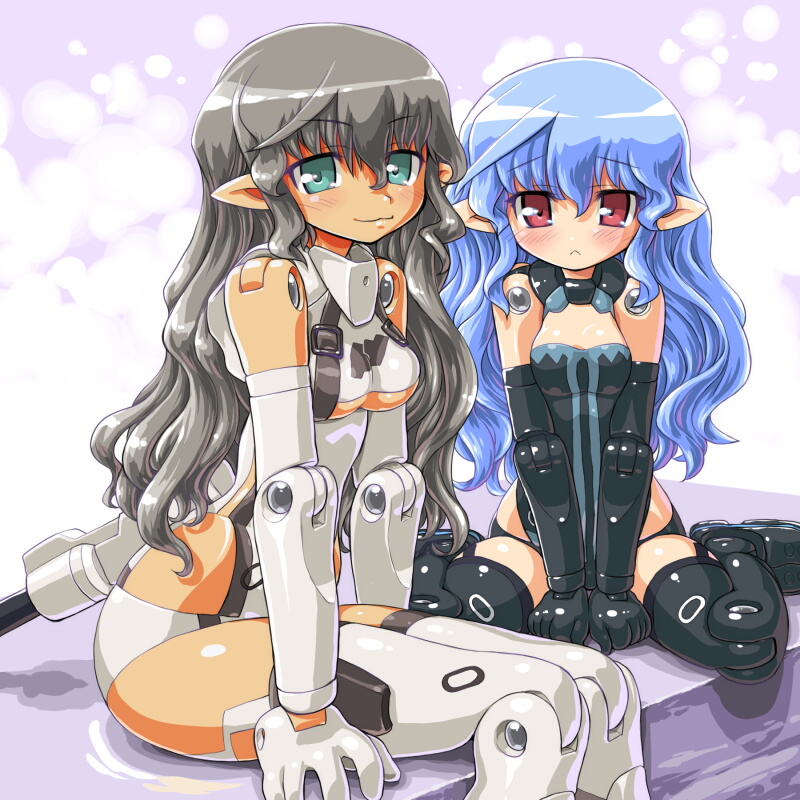 blue_hair, busou_shinki, dd_(artist), doll_joints, elf, green_eyes, grey_hair, long_hair
