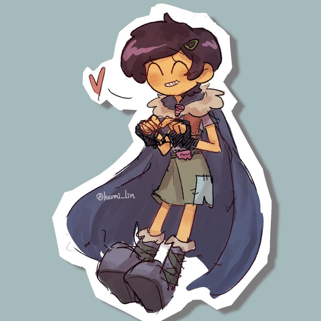 1girl, ^_^, amphibia, black_hair, blush, boots, cape, closed_eyes