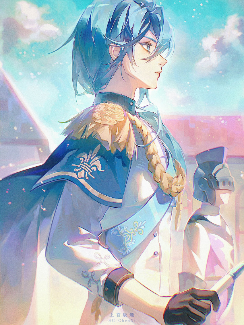 1boy, aiguillette, armor, bishounen, black_gloves, blue_cape, blue_eyes, blue_hair